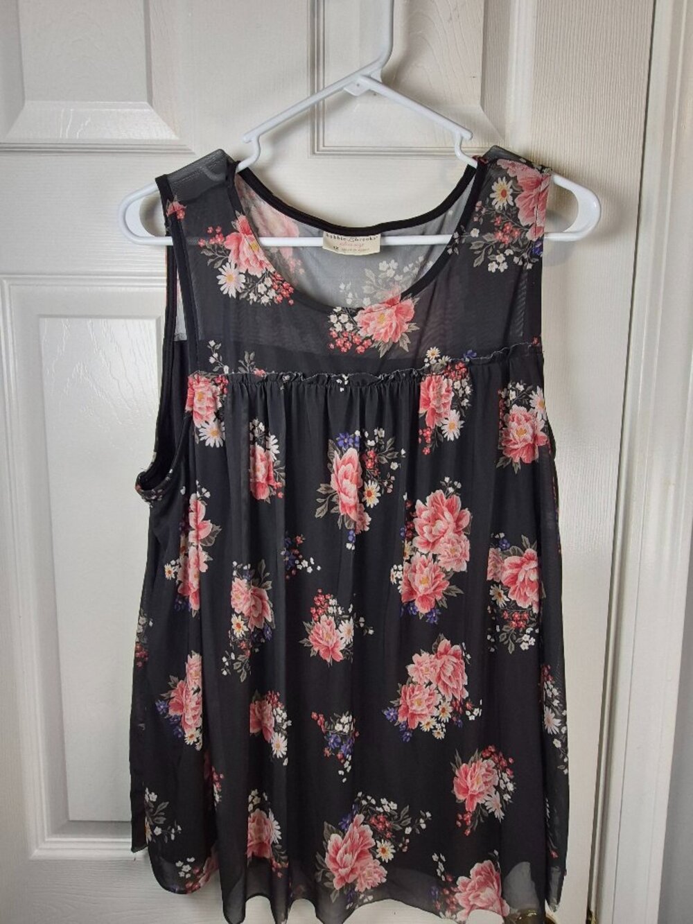 Bobbie Brooks 1X Black Pink Floral Chiffon Sleeveless Sheer Lined Blouse Pullovr
